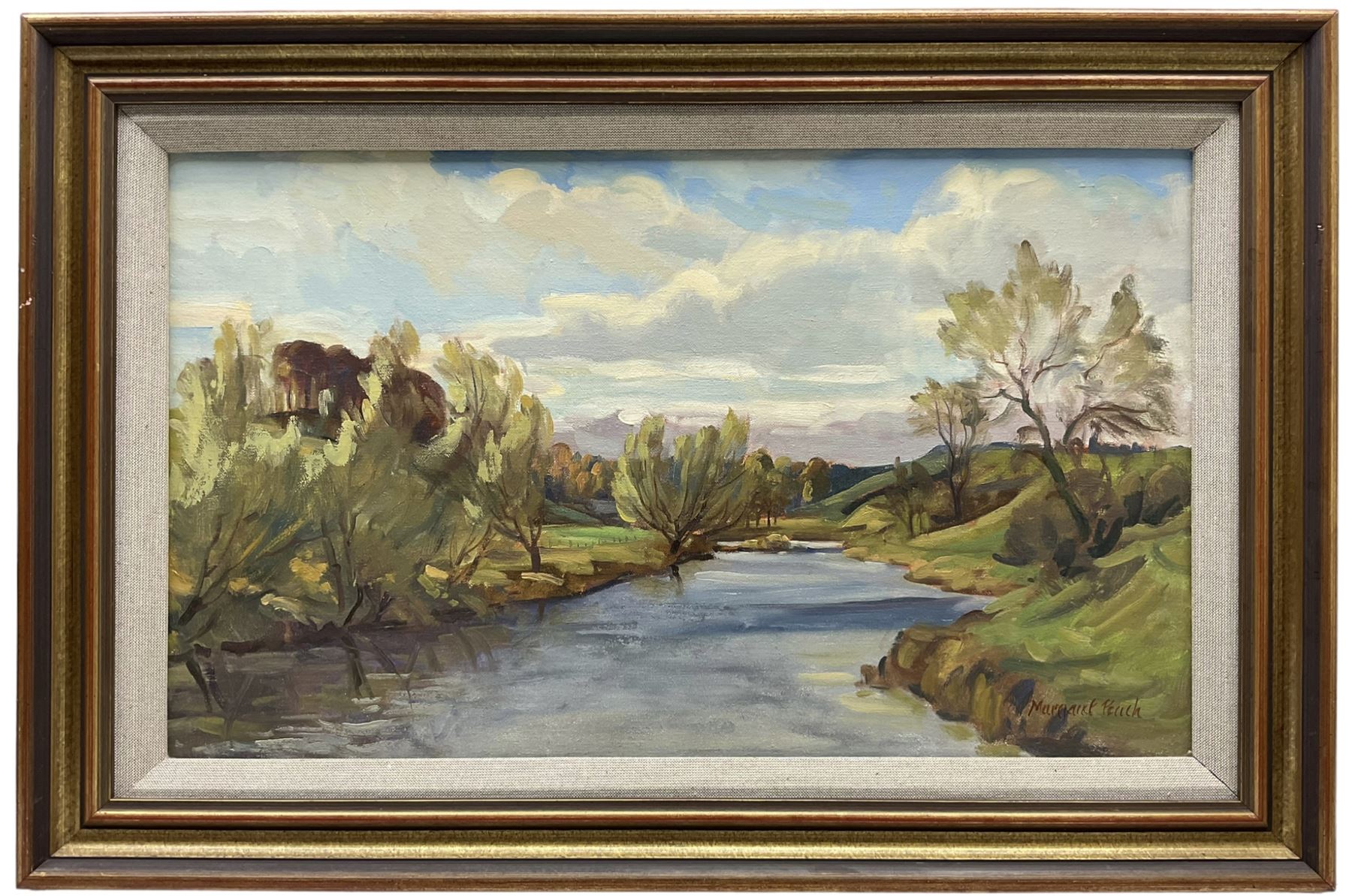 Margaret Peach (British 20th century): 'River Teviot' Scottish, pair oils on canvas signed, titled and dated 1988 verso 29cm x 50cm (2)