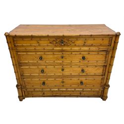 Victorian pine and simulated bamboo chest, fitted with five drawers, the drawer fronts decorated with applied simulated bamboo mounts and turned ebonised handles, on turned front feet