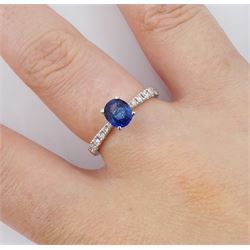 18ct white gold oval cut Ceylon sapphire ring, with diamond set shoulders, sapphire approx 0.90 carat