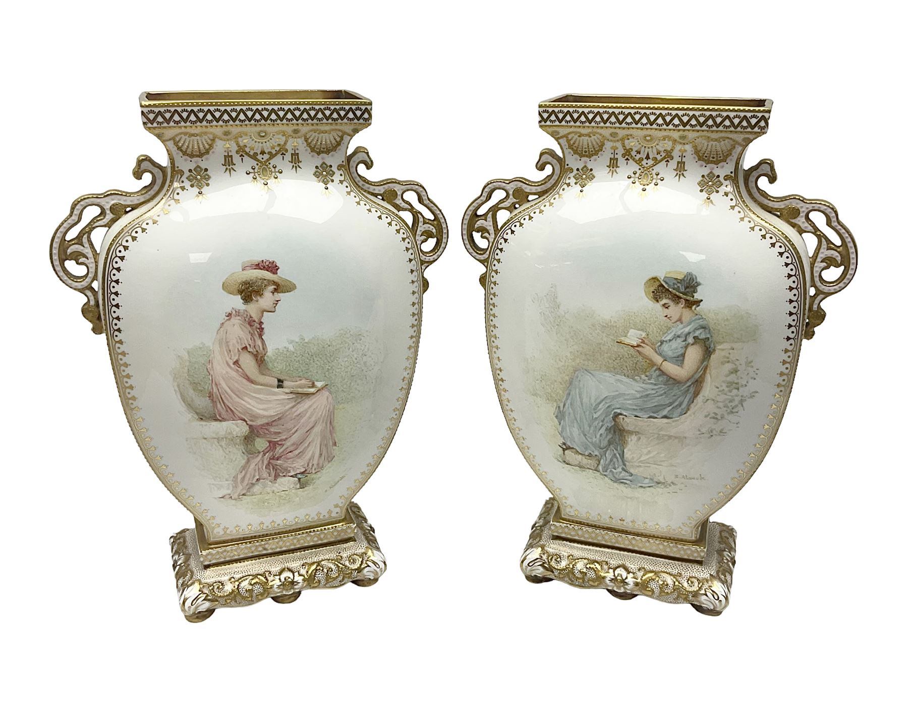 Pair of Copelands enamel jeweled twin handle vases, each decorated with a seated female figures, makers mark beneath, H22cm