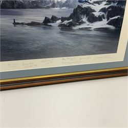 After Michael Turner, colour print 'Find the Tirpitz' depicting a PR Mosquito flying low down a wintry Tromso fjord in 1942 searching for the German battleship Tirpitz, signed on the mount by the artist and six other members of various named squadrons 37 x 41cm, mahogany stained frame