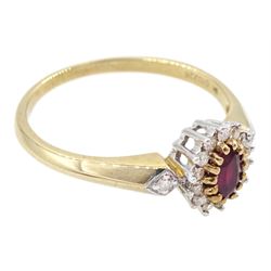 9ct gold oval cut ruby and round brilliant cut diamond cluster ring, hallmarked