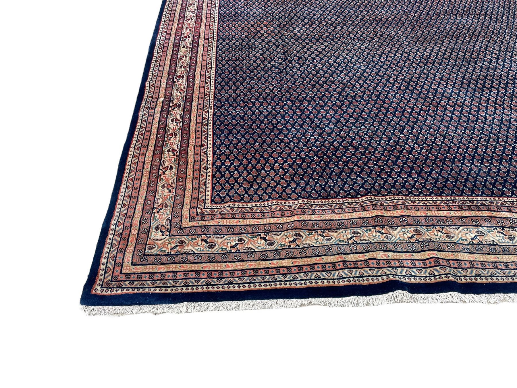 Large North-West Persian Arrak indigo ground carpet, the field decorated all-over with small Boteh motifs, multiple band border decorated with repeating geometric designs