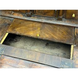 18th century walnut bureau, fall-front enclosing fitted interior with drawers and pigeonholes, over two short and two long drawers with brass escutcheon plates and handles, raised on bracket feet