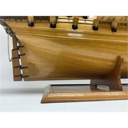 Large kit built scale model of 17th century Royal Navy warship 'HMS Sovereign of the Seas', upon wooden stand with engraved name plaque, H91cm, W111cm