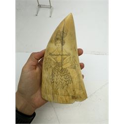 19th century scrimshaw whale tooth, depicting a woman in period dress, L17cm