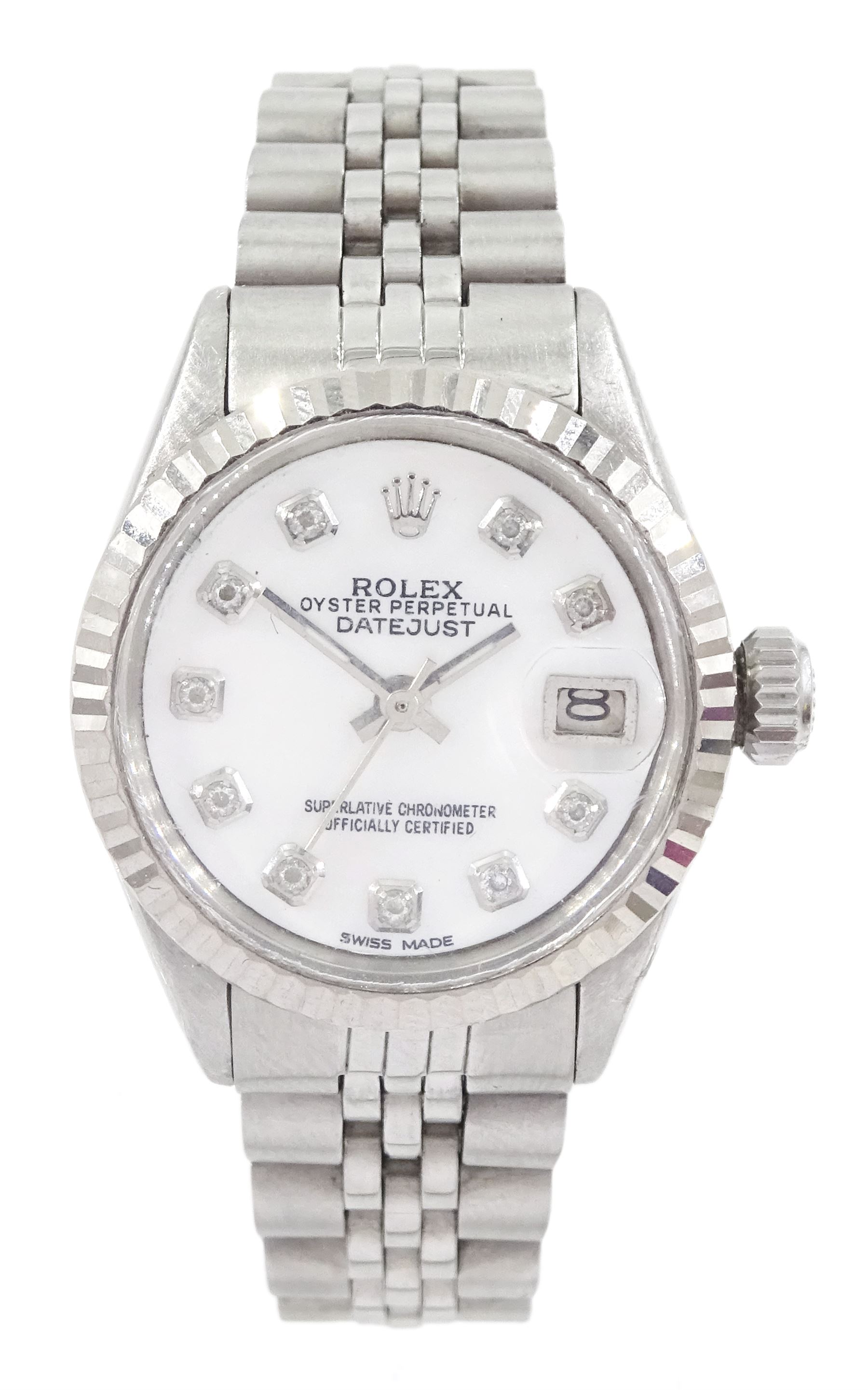 Rolex Oyster Perpetual Datejust ladies stainless steel automatic wristwatch, circa 1968, Ref. 6517, serial No. 1779561, mother of pearl dial with diamond dot hour markers, on stainless steel Jubilee bracelet, boxed