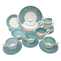 Shelly Pole Star pattern tea service for five comprising teapot, milk jug, open sucrier, cups and saucers, dessert plates and one cake plate 