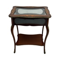 Late 19th century inlaid mahogany bijouterie table, glazed hinged top with floral marquetry, enclosing a felt-lined interior, lower shelf, ormolu mounts on cabriole supports with gilt accents