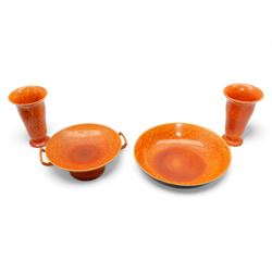 Collection of Pilkington Royal Lancastrian mottled orange wares, to include a pair of vase...