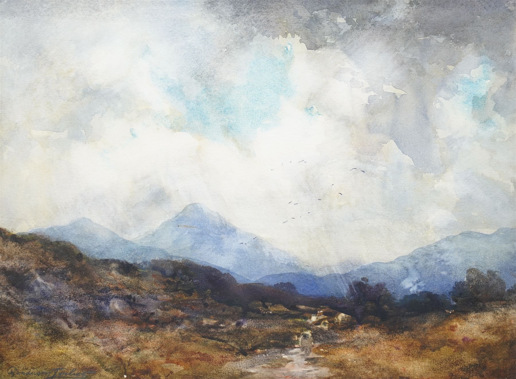 John A Henderson Tarbet (Scottish 1865-1938): Moorland Landscape with Highlands Behind, watercolour signed 27cm x 37cm