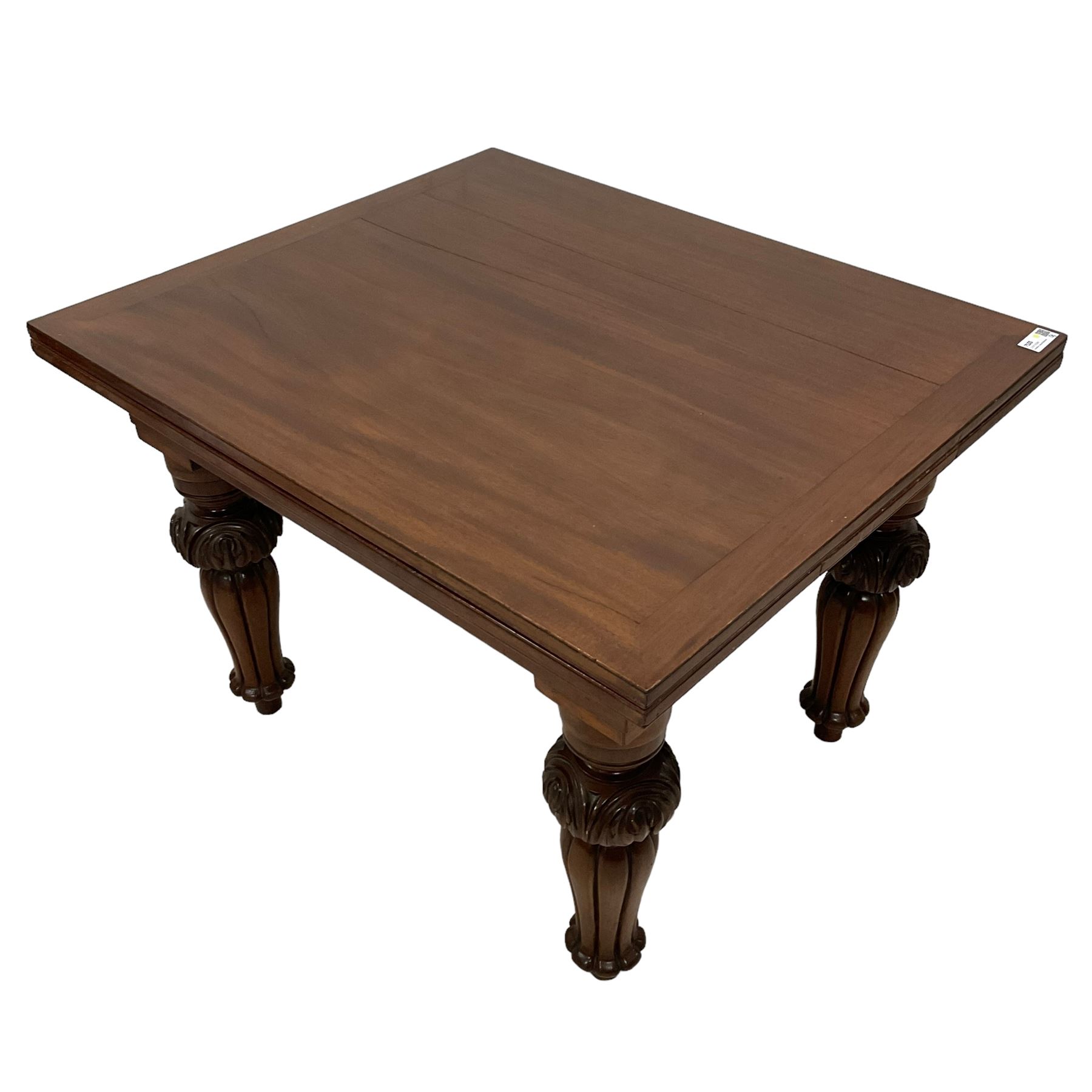 Victorian mahogany draw-leaf extending dining table, rectangular top with two additional leaves, on turned foliage carved and lobe moulded supports