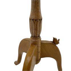 Wrenman - oak tripod wine table, circular moulded top on turned stem carved with leaves, on three shaped splayed supports, carved with wren signature, by Robert 'Bob' Hunter, Thirlby, Thirsk