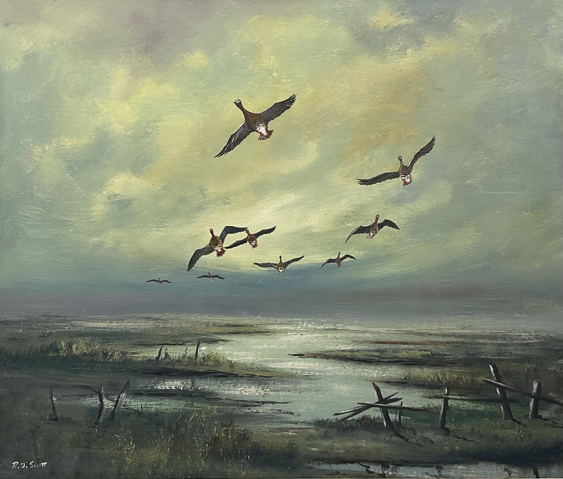 After Sir Peter Markham Scott (British 1909-1989): 'Whitefronts at Holbeach,', oil on board signed 'R J Scott', titled verso 60cm x 70cm