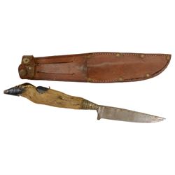 Sgian Dubh Scottish dagger, together Kniv knife, within stitched leather sheath, together with two other knives, machete and a carved spear 