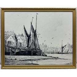 Jack Rigg (British 1927-2023): 'Laid Up' - Sailing Barges on the Thames, monochrome pen and ink signed and dated 1977, titled verso 59cm x 75cm