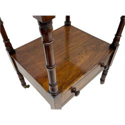 Regency mahogany etagere, the hinged and adjustable top over two tiers and single drawer, turned supports on brass cups and castors 