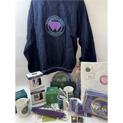 Collection of Wimbledon tennis memorabilia, including towels, programs, mugs, t-shirt, keyrings, ephemera etc