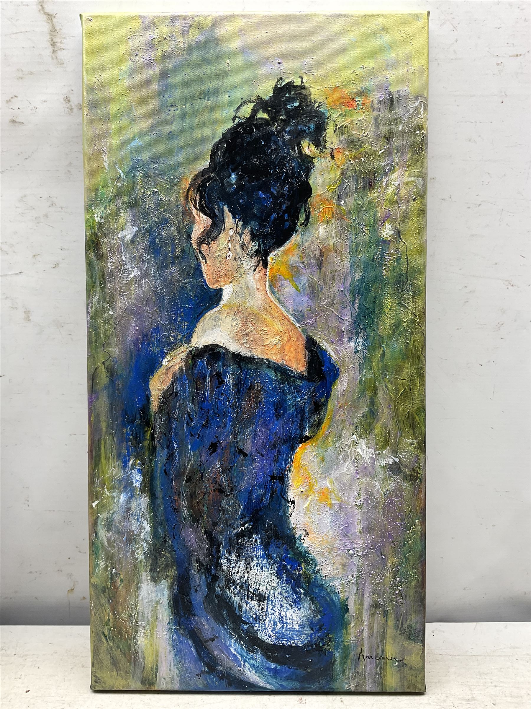 Ann Lamb (British 1955-): Lady in Blue, mixed media on canvas signed 60cm x 30cm