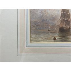 George Weatherill (British 1810-1890): Sailing Vessels becalmed off Whitby at Sunset, watercolour signed 13.5cm x 23.5cm