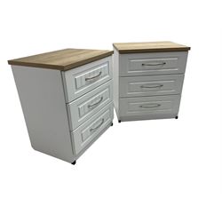 Pair of large oak and white finish three drawer bedside chests