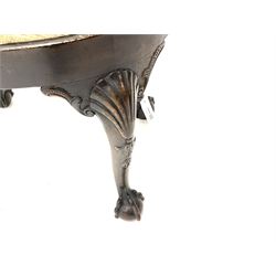 Georgian style walnut stool of oval form with plain frieze and upholstered drop-in seat on four cabriole legs each carved with stylised shell and husks, scrolling and textured brackets and ball and claw feet