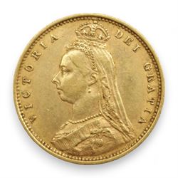 Queen Victoria 1890 gold half sovereign coin, shield back