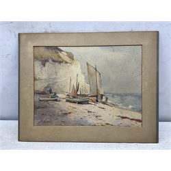 Charles William Adderton (British 1866-1944): Fishing Boats at Flamborough, watercolour signed 26cm x 35cm (unframed)
Provenance: direct from the family of the artist Harry Wanless 1872-1934, part of a collection never previously seen on the market
Notes: Adderton was a friend of the brothers Harry and Charles Wanless, all of whom studied under Albert Strange at the Scarborough School of Art School. Adderton had a studio at 55 Sandside, Scarborough between 1894 and 1901, he moved to Ockbrook Derby and later to Robin Hoods Bay where he was a member of the Fylingdales Group of Artists