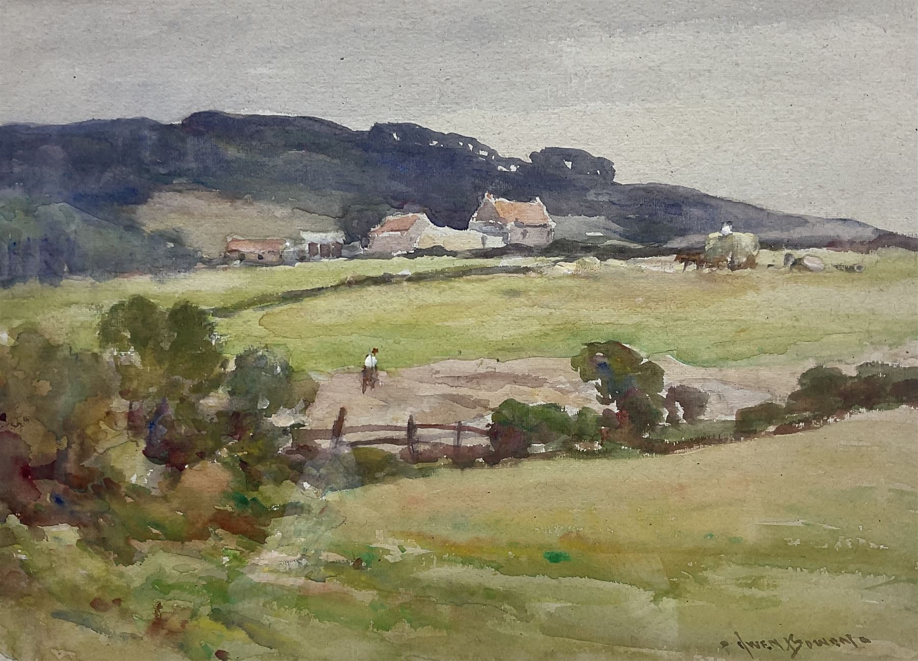 Owen Bowen (Staithes Group 1873-1967): Haytime Above Robin Hood's Bay, watercolour signed 28cm x 38cm