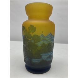 Art Nouveau style glass vase, in the style of Galle,the body decorated with woodland and mountain scene, upon a yellow ground, H20cm 