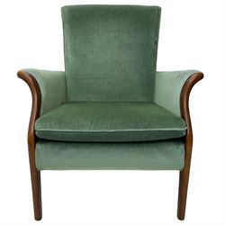 Parker Knoll - mid 20th century green velvet upholstered armchair, high back and cushioned seat, curved wooden armrests, on tapered supports