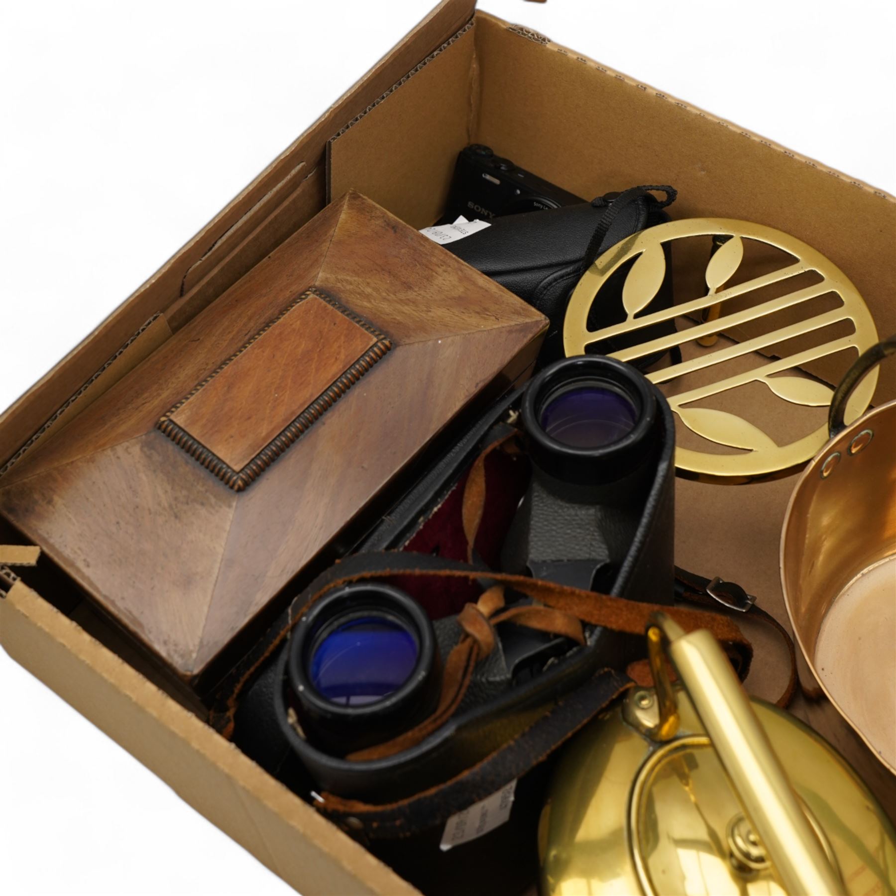 Hilkinson binoculars, tea caddy, brass kettle and planter, copper preserve pan, mirror etc 