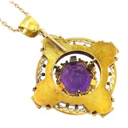 Victorian gold Etruscan Revival amethyst, enamel and pearl cross design pendant, the central hexagonal amethyst, with pearl, black and white enamel surround, within an a open pierced work frame, on gold cable link chain necklace, stamped 9ct