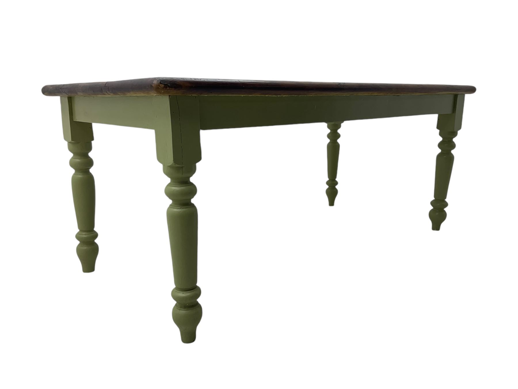 Hardwood dining table, rectangular top on laurel green painted base, fitted with turned supports 