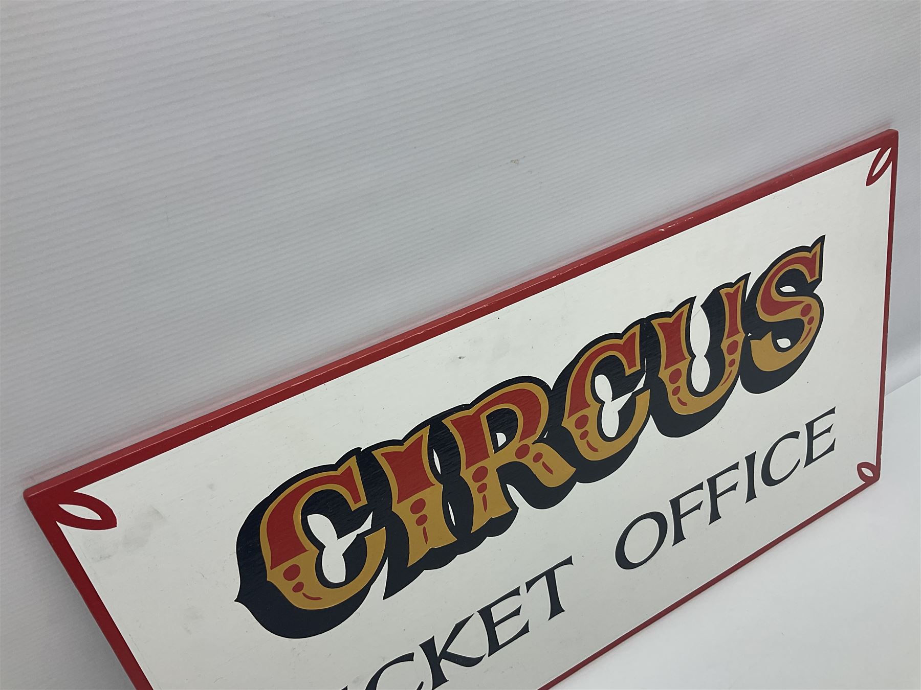 Painted wooden 'Circus Ticket Office' sign, H34cm, L61cm