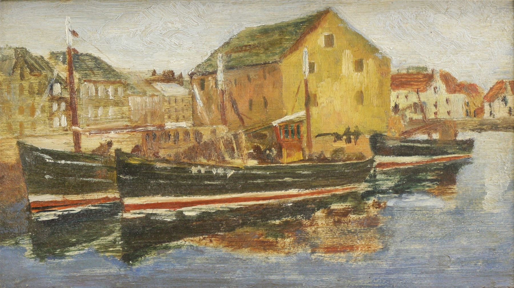 Charles James McCall (Scottish 1907-1989): Boats at Rest in the Dockland, oil on board unsigned, inscribed and dated 1949 verso 11cm x 20cm 