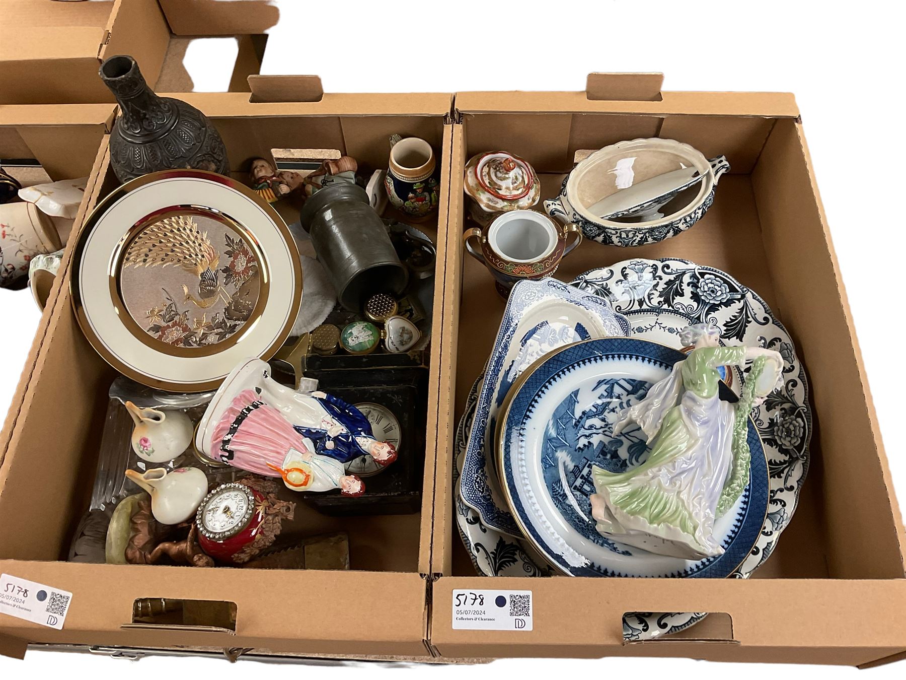 Staffordshire pottery figures, together with teaware and other ceramics, in four boxes 