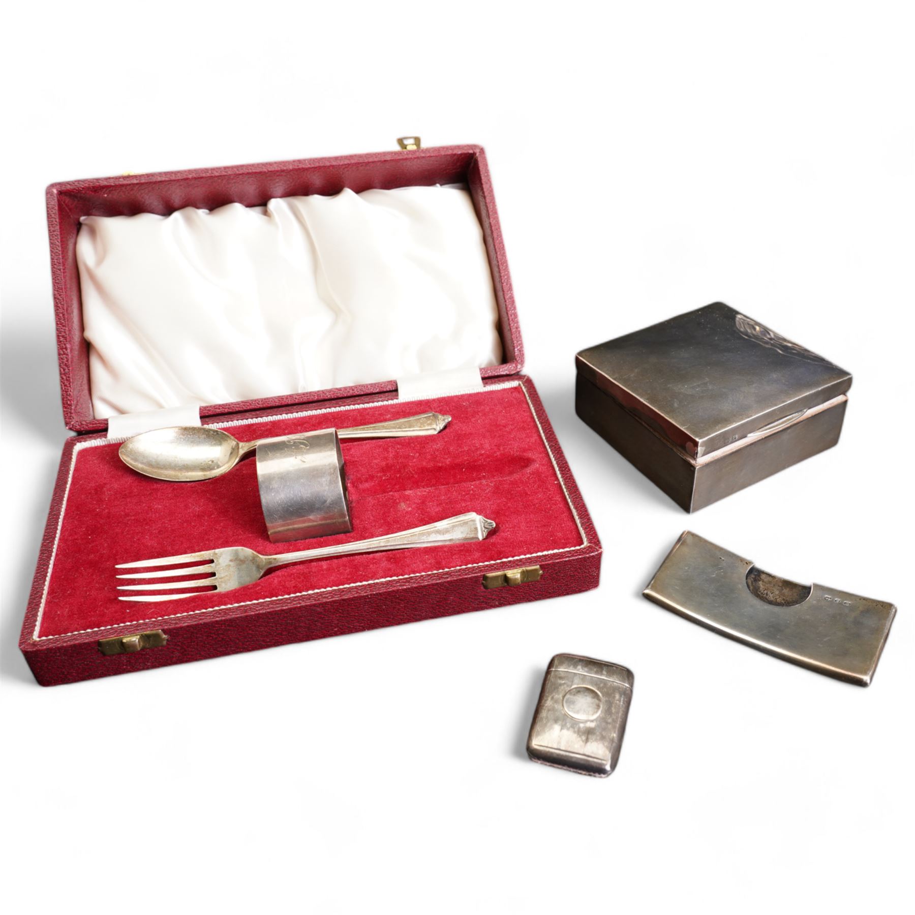 Silver square cigarette box 9cm Birmingham 1930 Maker Henry Matthews, silver vesta case, silver card case and three piece christening set, cased 