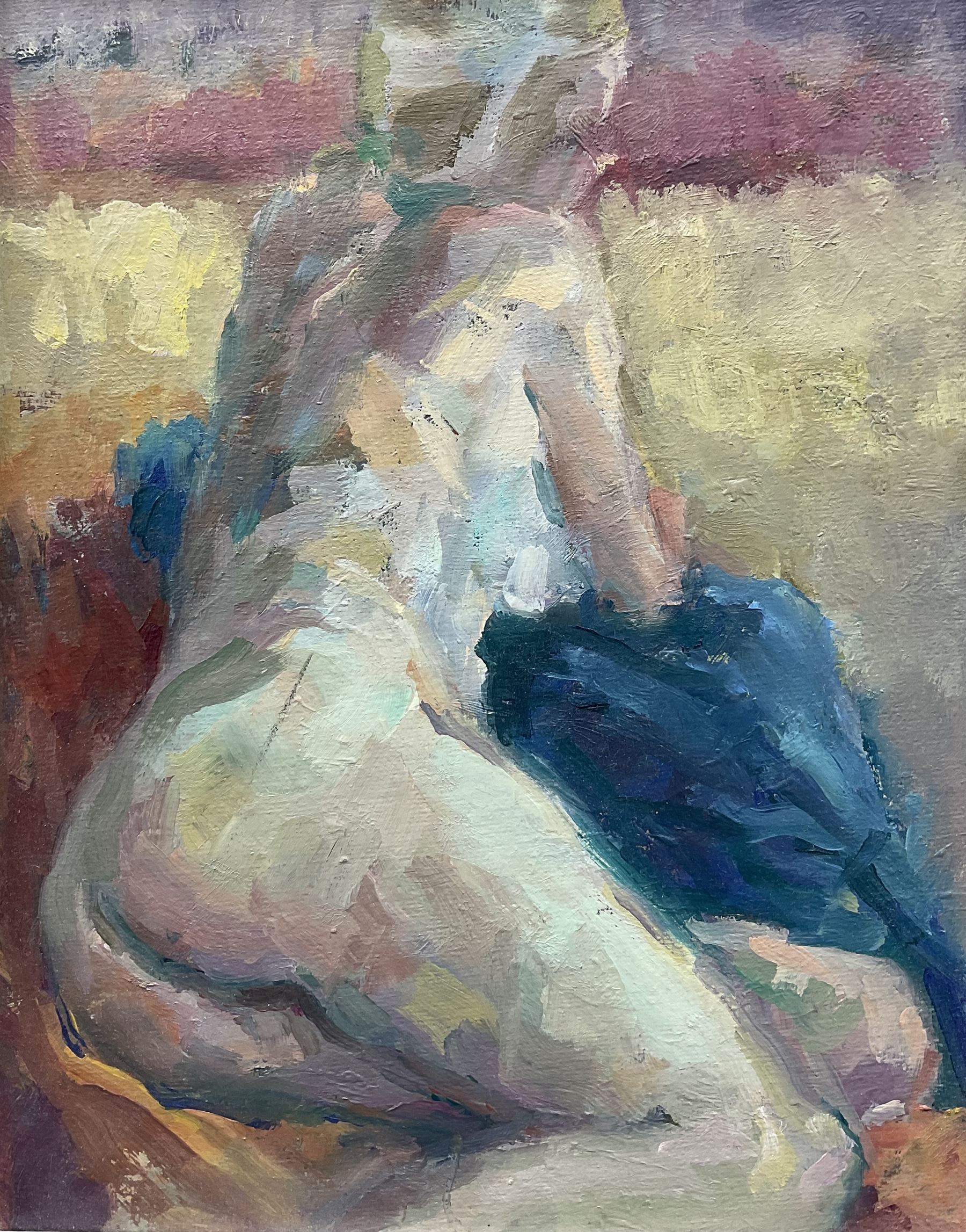 Pamela Daukes (British 20th Century): 'The Blue Cloak' Reclining Nude, oil on canvas board unsigned, titled verso 24cm x 19cm 