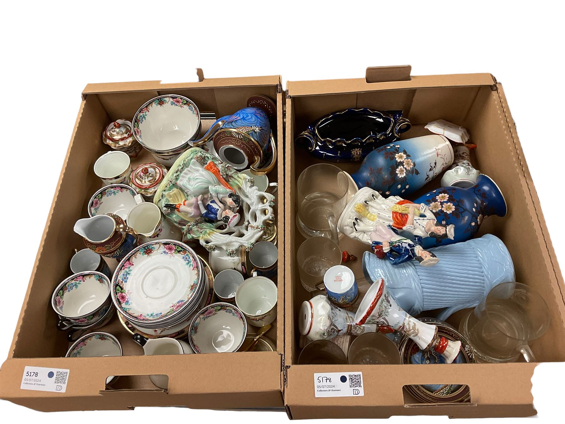 Staffordshire pottery figures, together with teaware and other ceramics, in four boxes 