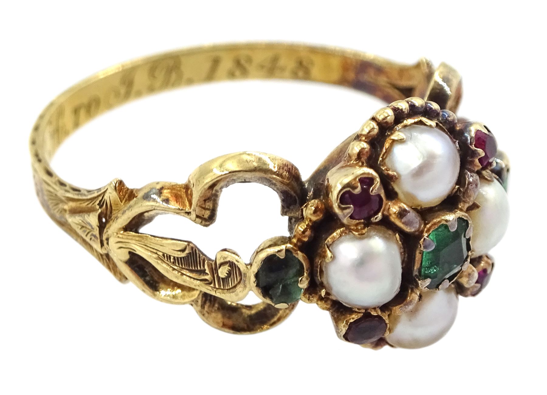 Victorian 15ct gold split pearl, green and red stone set flower head cluster ring, the underside with plaited hairwork, openwork design shoulders and engraved foliate band, the inner band inscribed W.H. To J.B. 1848