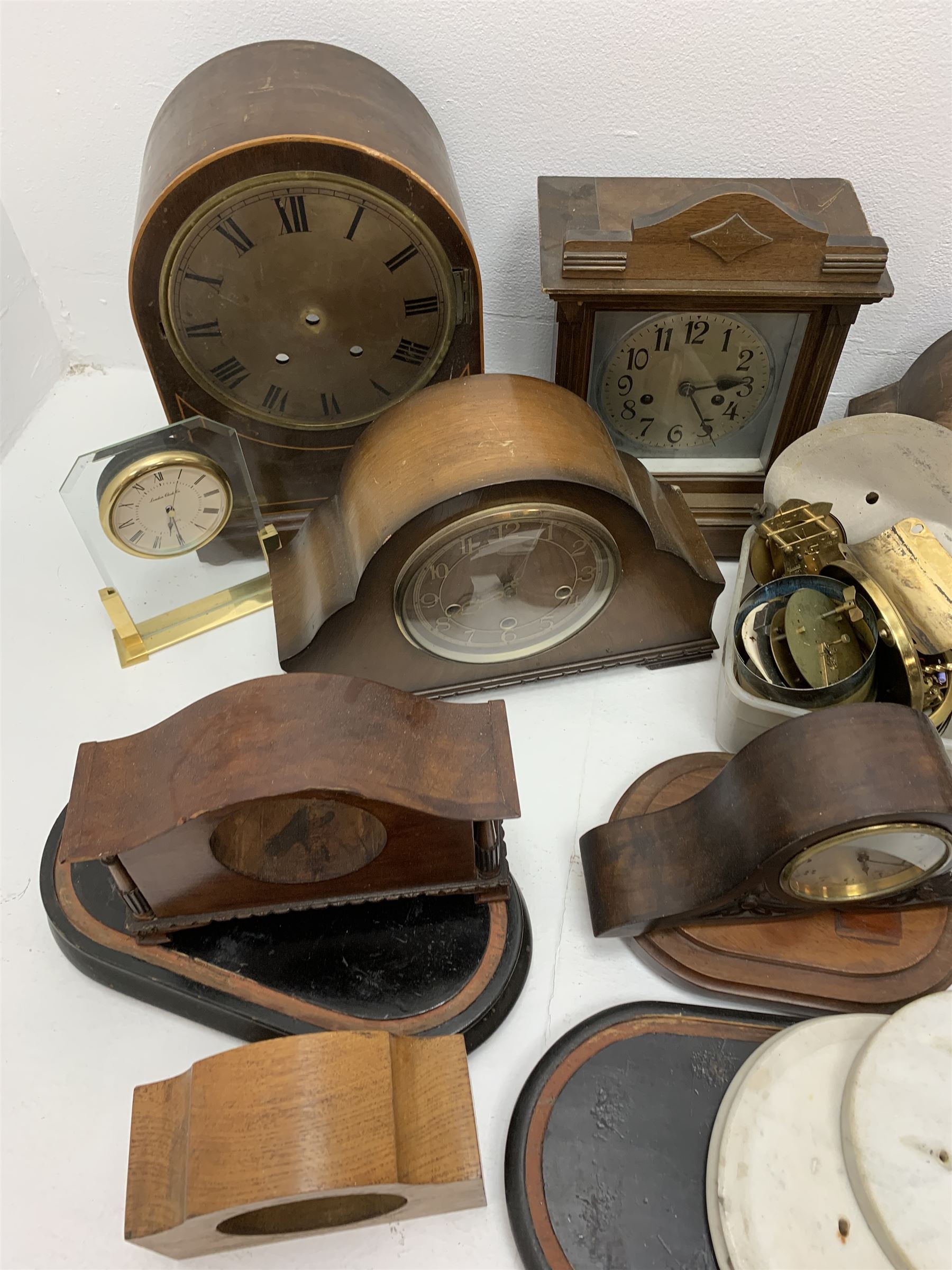 Collection of clock and watch parts - various cases some with movement, ebonised and marble plinths, various clock movements, clock dials, bezels, watches and watch parts etc... in two boxes