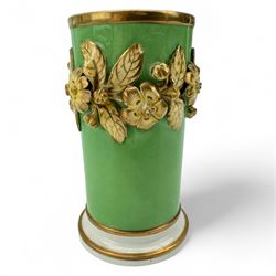 19th century bottle vase and associated cover, the body hand painted with a view of Inveraray Castle, against a green ground, H24cm, pair of green ground spill vases, with floral encrusted banding, H10cm, together with a pair of green ground candlesticks, probably Coalport (5)