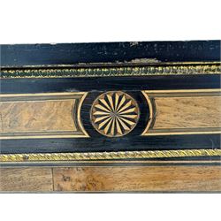 Victorian ebonised and walnut pier cabinet, rectangular top over figured frieze with central star motifs, enclosed by single glazed door, decorated with cast gilt metal mounts and beading, on chamfered plinth base 