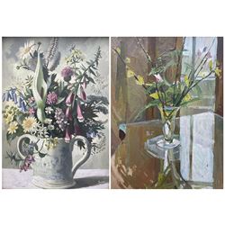 English School (Mid 20th century): Flowers in a Loving Cup, oil on canvas laid on to board indistinctly signed 33cm x 24cm, together with another still life oil on canvas laid on to board by a different hand unsigned 30cm x 40cm (2)