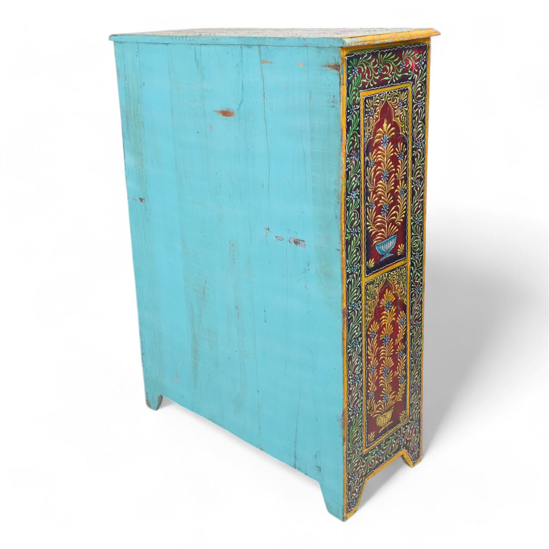 Indian painted hardwood storage cupboard, with painted floral decoration, enclosed by two panelled doors, the interior fitted with one shelf 