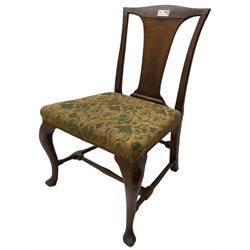 Mid-18th century mahogany side chair, shaped cresting rail over tapered back splat, seat upholstered in green and camel foliate patterned fabric with stud work border, raised on cabriole supports united by swell-turned stretchers