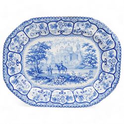 Don Pottery blue and white transfer printed meat plate decorated in the 'Port of Alicata', impressed 14, L37.5cm, together with another Don Pottery meat plate, decorated with figures in a landscape, printed mark, L53.5cm 