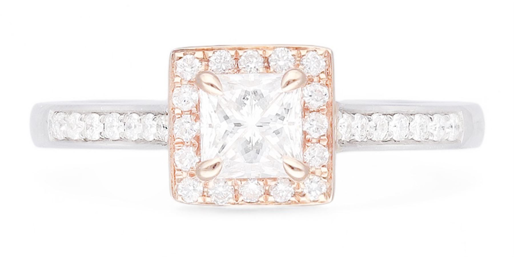 Platinum and 18ct rose gold diamond halo cluster ring, the principal princess cut diamond of 0.50 carat, with round brilliant cut diamond surround and diamond set shoulders, hallmarked, total diamond weight 0.68 carat