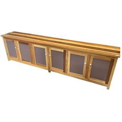 Large beech sideboard dresser, fitted with six doors with painted panels